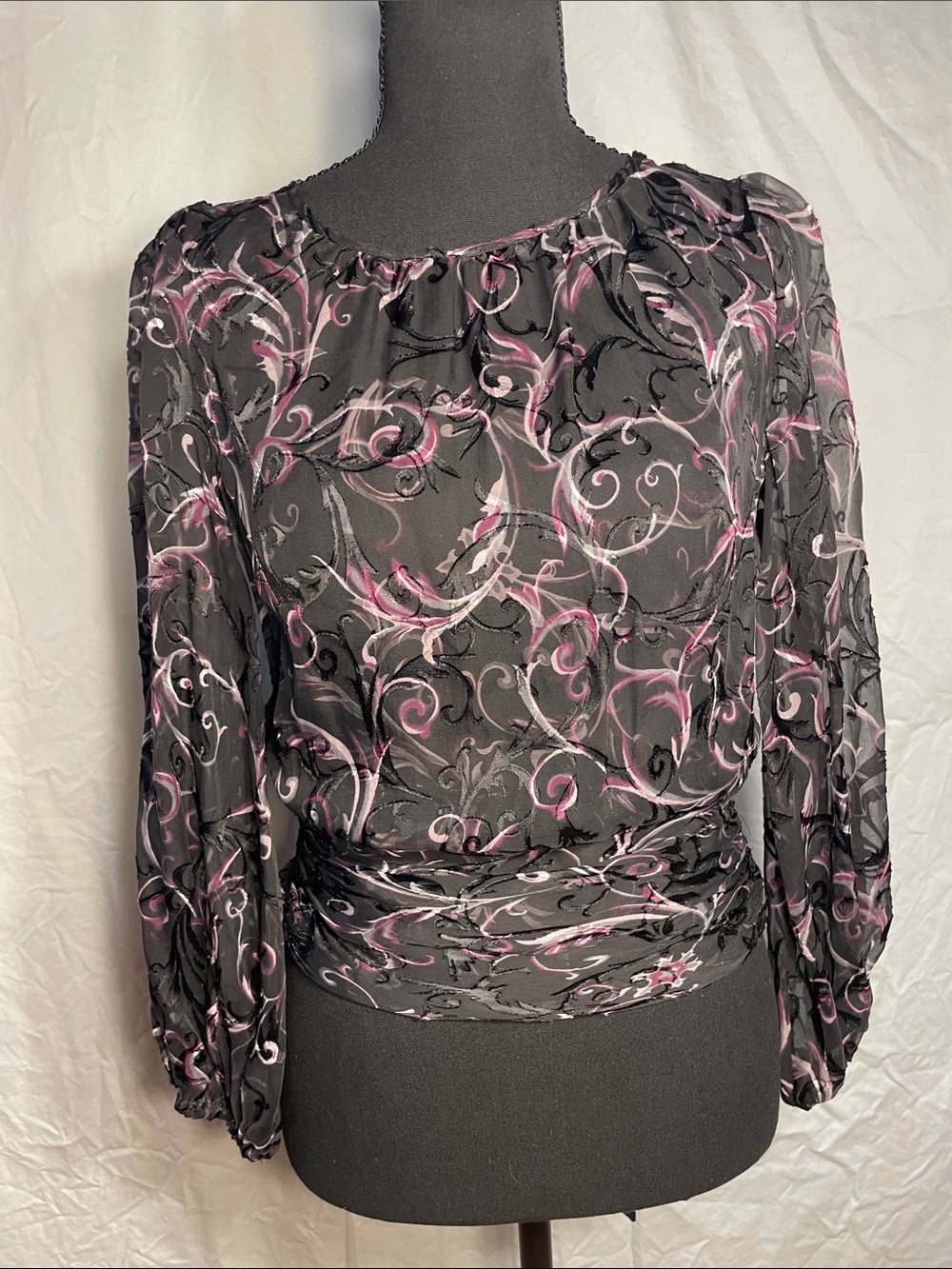 White House Black Market Black Sheer Blouse with Pink Scroll Print